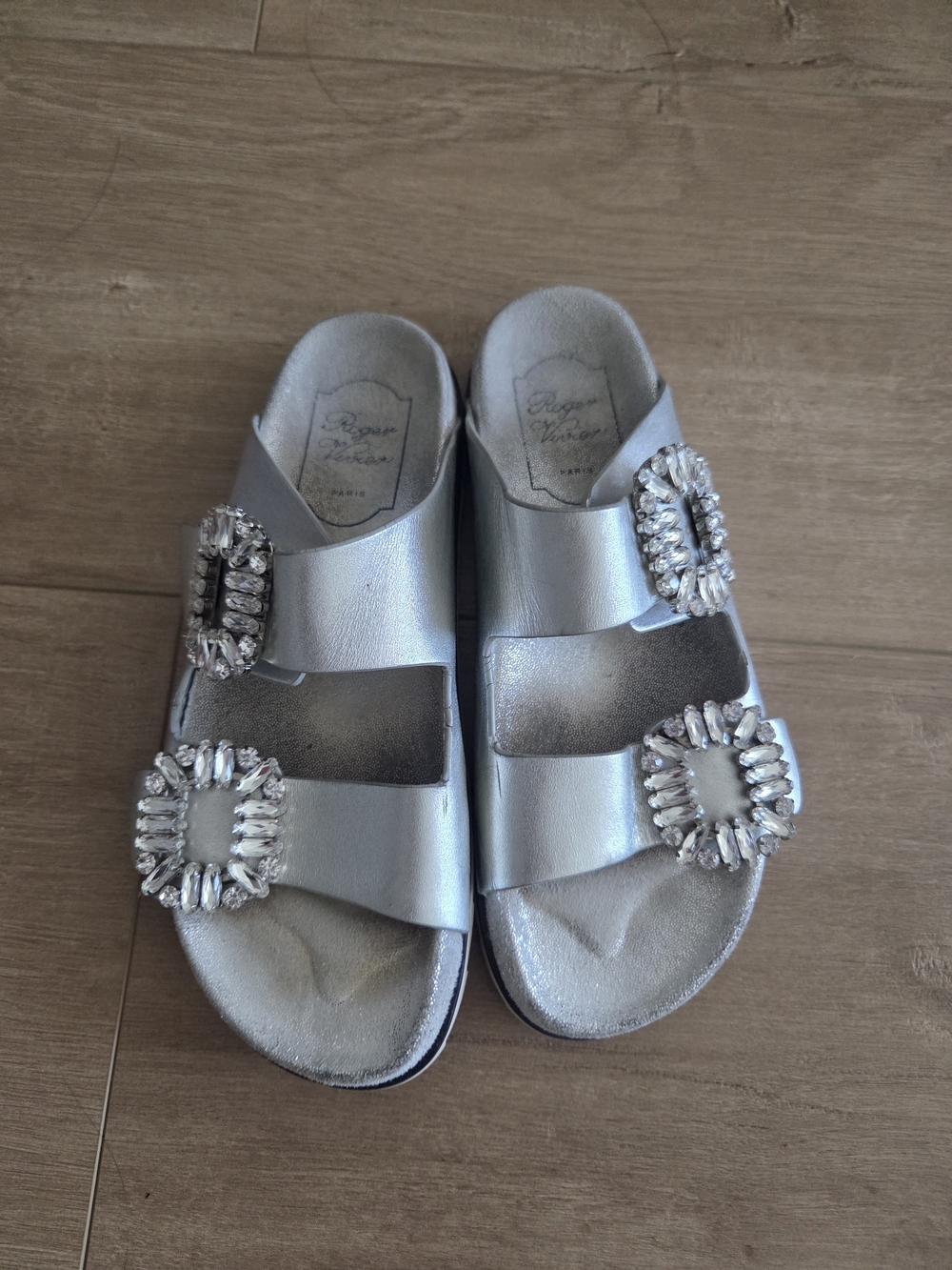 Roger Vivier Crystal Buckle Silver Slide Sandals - Women